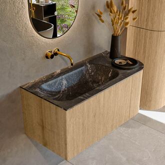 Mondiaz KURVE-DLUX 95 cm Onderkast Greeploos 1 Lade Met Deuren Oak, Wastafel Solid Surface Links Lava 0 Kraangaten Zonder Spiegel (KRVBGS95R1L1D0KL-Oak/Lav)