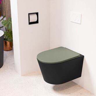 Mondiaz LAVIE wandclosetpack - 36x53cm - diepspoel - rimless - Urban (zwart) - softclose - quick-release - toiletzitting - Army (groen) LAVIEsetUrbArm Urban mat