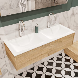 Mondiaz LUSH 120 badmeubel washed oak 2 lades wastafel dubbel 2 kraangaten