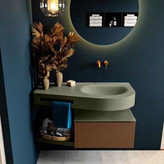 Mondiaz RIVA 100cm badmeubel onderkast / planchet kleur Rust met 1 lade. Wastafel DULCET rechts 0 kraangaten kleur Army.