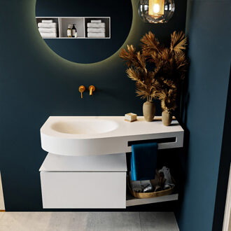 Mondiaz RIVA 100cm badmeubel onderkast / planchet kleur Talc met 1 lade. Wastafel DULCET links 0 kraangaten kleur Talc.