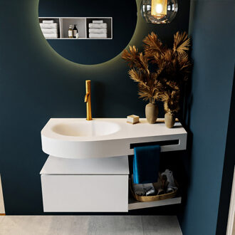 Mondiaz RIVA 100cm badmeubel onderkast / planchet kleur Talc met 1 lade. Wastafel DULCET links 1 kraangat kleur Talc.