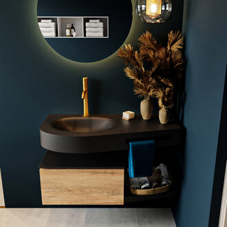 Mondiaz RIVA 100cm badmeubel onderkast / planchet kleur Washed_Oak met 1 lade. Wastafel DULCET links 1 kraangat kleur Urban.