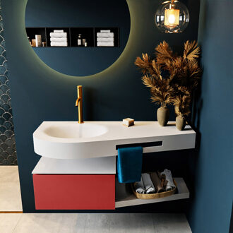 Mondiaz RIVA 120cm badmeubel onderkast / planchet kleur Fire met 1 lade. Wastafel DULCET links 1 kraangat kleur Talc.