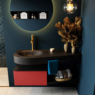 Mondiaz RIVA 120cm badmeubel onderkast / planchet kleur Fire met 1 lade. Wastafel DULCET links 1 kraangat kleur Urban.