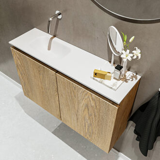 Mondiaz TURE 80cm toiletmeubel washed oak. EDEN wastafel talc links geen kraangat