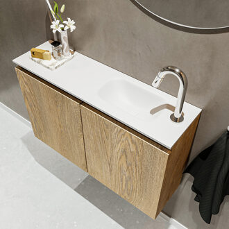 Mondiaz TURE 80cm toiletmeubel washed oak. EDEN wastafel talc rechts 1 kraangat