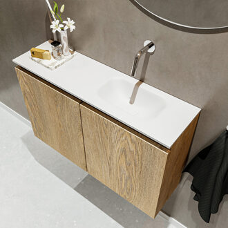 Mondiaz TURE 80cm toiletmeubel washed oak. EDEN wastafel talc rechts geen kraangat