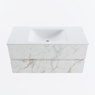 Mondiaz VICA 100cm badmeubel onderkast Carrara 2 lades. Wastafel CLOUD midden zonder kraangat, kleur Talc. Cararra
