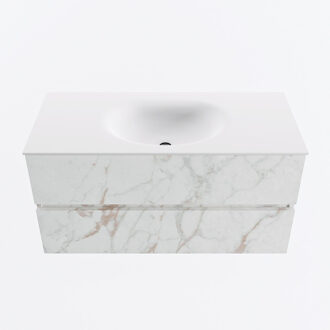 Mondiaz VICA 100cm badmeubel onderkast Carrara 2 lades. Wastafel MOON midden 1 kraangat, kleur Talc. Cararra