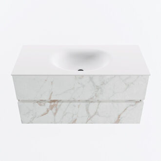 Mondiaz VICA 100cm badmeubel onderkast Carrara 2 lades. Wastafel MOON midden zonder kraangat, kleur Talc. Cararra