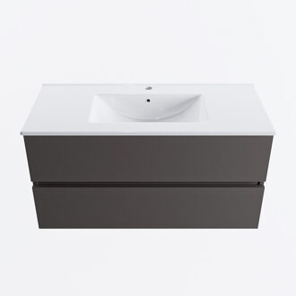 Mondiaz VICA 100cm badmeubel onderkast Dark Grey 2 lades. Wastafel DENIA midden 1 kraangat, kleur Glanzend Wit.