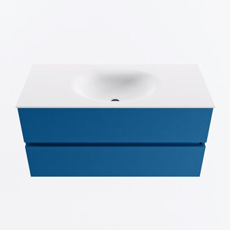 Mondiaz VICA 100cm badmeubel onderkast Jeans 2 lades. Wastafel MOON midden zonder kraangat, kleur Talc.