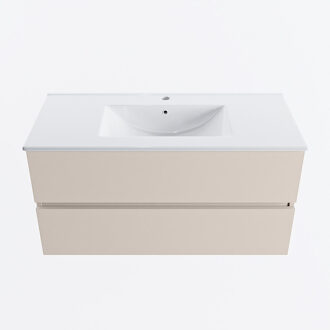 Mondiaz VICA 100cm badmeubel onderkast Linen 2 lades. Wastafel DENIA midden 1 kraangat, kleur Glanzend Wit.