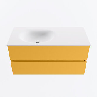 Mondiaz VICA 100cm badmeubel onderkast Ocher 2 lades. Wastafel MOON links 1 kraangat, kleur Talc.