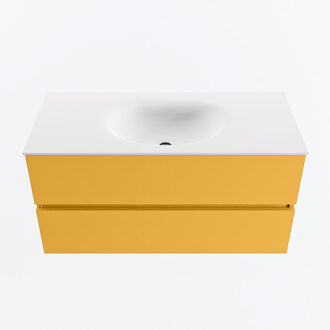 Mondiaz VICA 100cm badmeubel onderkast Ocher 2 lades. Wastafel MOON midden zonder kraangat, kleur Talc.