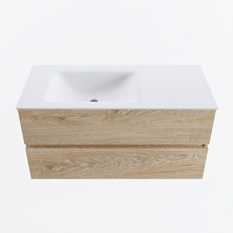 Mondiaz VICA 100cm badmeubel onderkast Washed Oak 2 lades. Wastafel CLOUD links zonder kraangat, kleur Talc.