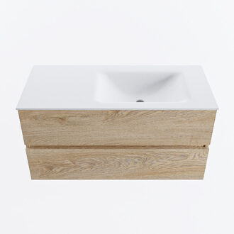 Mondiaz VICA 100cm badmeubel onderkast Washed Oak 2 lades. Wastafel CLOUD rechts 1 kraangat, kleur Talc.