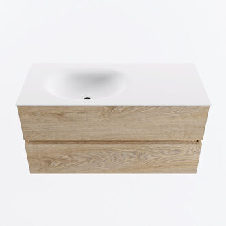 Mondiaz VICA 100cm badmeubel onderkast Washed Oak 2 lades. Wastafel MOON links 1 kraangat, kleur Talc.