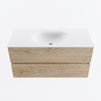 Mondiaz VICA 100cm badmeubel onderkast Washed Oak 2 lades. Wastafel MOON midden 1 kraangat, kleur Talc.