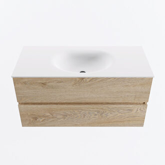Mondiaz VICA 100cm badmeubel onderkast Washed Oak 2 lades. Wastafel MOON midden zonder kraangat, kleur Talc.