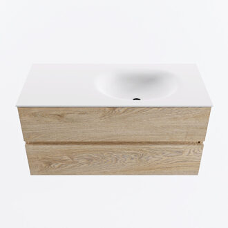 Mondiaz VICA 100cm badmeubel onderkast Washed Oak 2 lades. Wastafel MOON rechts zonder kraangat, kleur Talc.