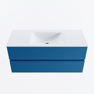 Mondiaz VICA 110cm badmeubel onderkast Jeans 2 lades. Wastafel CLOUD midden zonder kraangat, kleur Talc.