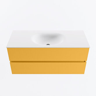 Mondiaz VICA 110cm badmeubel onderkast Ocher 2 lades. Wastafel MOON midden zonder kraangat, kleur Talc.