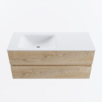 Mondiaz VICA 110cm badmeubel onderkast Washed Oak 2 lades. Wastafel CLOUD links zonder kraangat, kleur Talc.