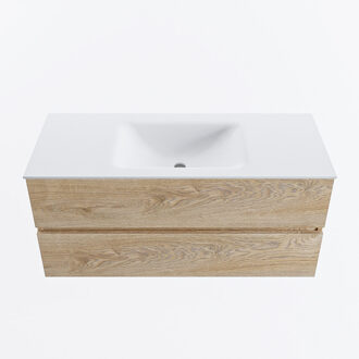 Mondiaz VICA 110cm badmeubel onderkast Washed Oak 2 lades. Wastafel CLOUD midden zonder kraangat, kleur Talc.