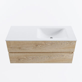Mondiaz VICA 110cm badmeubel onderkast Washed Oak 2 lades. Wastafel CLOUD rechts zonder kraangat, kleur Talc.