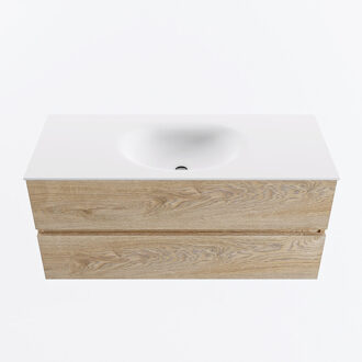 Mondiaz VICA 110cm badmeubel onderkast Washed Oak 2 lades. Wastafel MOON midden zonder kraangat, kleur Talc.