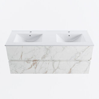 Mondiaz VICA 120cm badmeubel onderkast Carrara 2 lades. Wastafel DENIA dubbel 2 kraangaten, kleur Glanzend Wit. Cararra