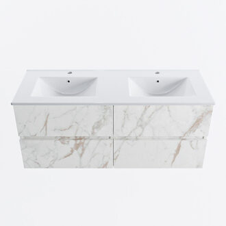 Mondiaz VICA 120cm badmeubel onderkast Carrara 4 lades. Wastafel DENIA dubbel 2 kraangaten, kleur Glanzend Wit. Cararra