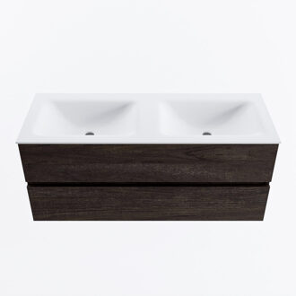 Mondiaz VICA 120cm badmeubel onderkast Dark Brown 2 lades. Wastafel CLOUD dubbel zonder kraangat, kleur Talc.