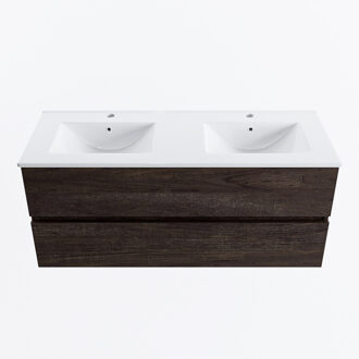 Mondiaz VICA 120cm badmeubel onderkast Dark Brown 2 lades. Wastafel DENIA dubbel 2 kraangaten, kleur Glanzend Wit.