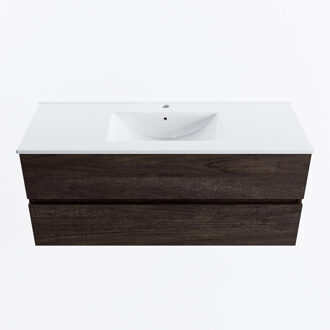 Mondiaz VICA 120cm badmeubel onderkast Dark Brown 2 lades. Wastafel DENIA midden 1 kraangat, kleur Glanzend Wit.