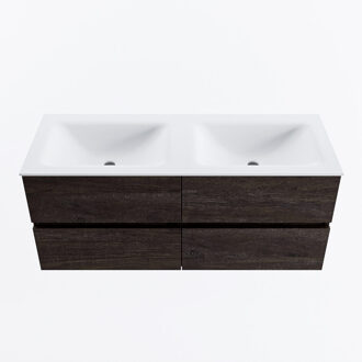 Mondiaz VICA 120cm badmeubel onderkast Dark Brown 4 lades. Wastafel CLOUD dubbel zonder kraangat, kleur Talc.