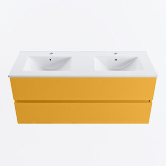 Mondiaz VICA 120cm badmeubel onderkast Ocher 2 lades. Wastafel DENIA dubbel 2 kraangaten, kleur Glanzend Wit.