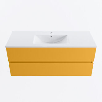 Mondiaz VICA 120cm badmeubel onderkast Ocher 2 lades. Wastafel DENIA midden 1 kraangat, kleur Glanzend Wit.