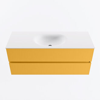 Mondiaz VICA 120cm badmeubel onderkast Ocher 2 lades. Wastafel MOON midden zonder kraangat, kleur Talc.