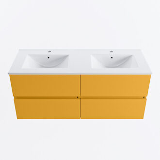 Mondiaz VICA 120cm badmeubel onderkast Ocher 4 lades. Wastafel DENIA dubbel 2 kraangaten, kleur Glanzend Wit.