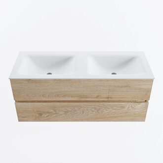 Mondiaz VICA 120cm badmeubel onderkast Washed Oak 2 lades. Wastafel CLOUD dubbel 2 kraangaten, kleur Talc.