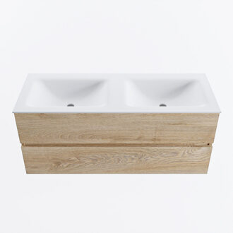 Mondiaz VICA 120cm badmeubel onderkast Washed Oak 2 lades. Wastafel CLOUD dubbel zonder kraangat, kleur Talc.