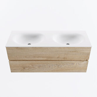Mondiaz VICA 120cm badmeubel onderkast Washed Oak 2 lades. Wastafel MOON dubbel zonder kraangat, kleur Talc.