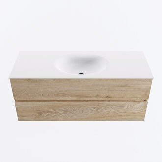 Mondiaz VICA 120cm badmeubel onderkast Washed Oak 2 lades. Wastafel MOON midden zonder kraangat, kleur Talc.