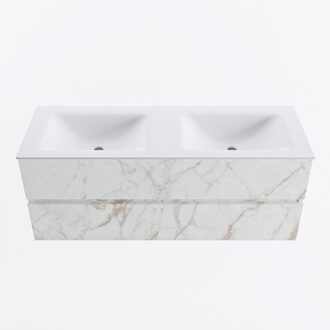 Mondiaz VICA 130cm badmeubel onderkast Carrara 2 lades. Wastafel CLOUD dubbel zonder kraangat, kleur Talc. Cararra