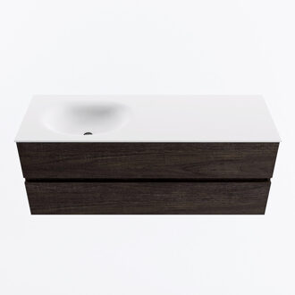 Mondiaz VICA 130cm badmeubel onderkast Dark Brown 2 lades. Wastafel MOON links zonder kraangat, kleur Talc.