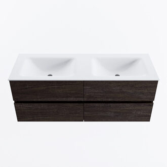 Mondiaz VICA 130cm badmeubel onderkast Dark Brown 4 lades. Wastafel CLOUD dubbel zonder kraangat, kleur Talc.