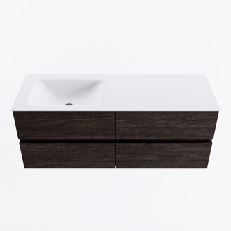 Mondiaz VICA 130cm badmeubel onderkast Dark Brown 4 lades. Wastafel CLOUD links zonder kraangat, kleur Talc.